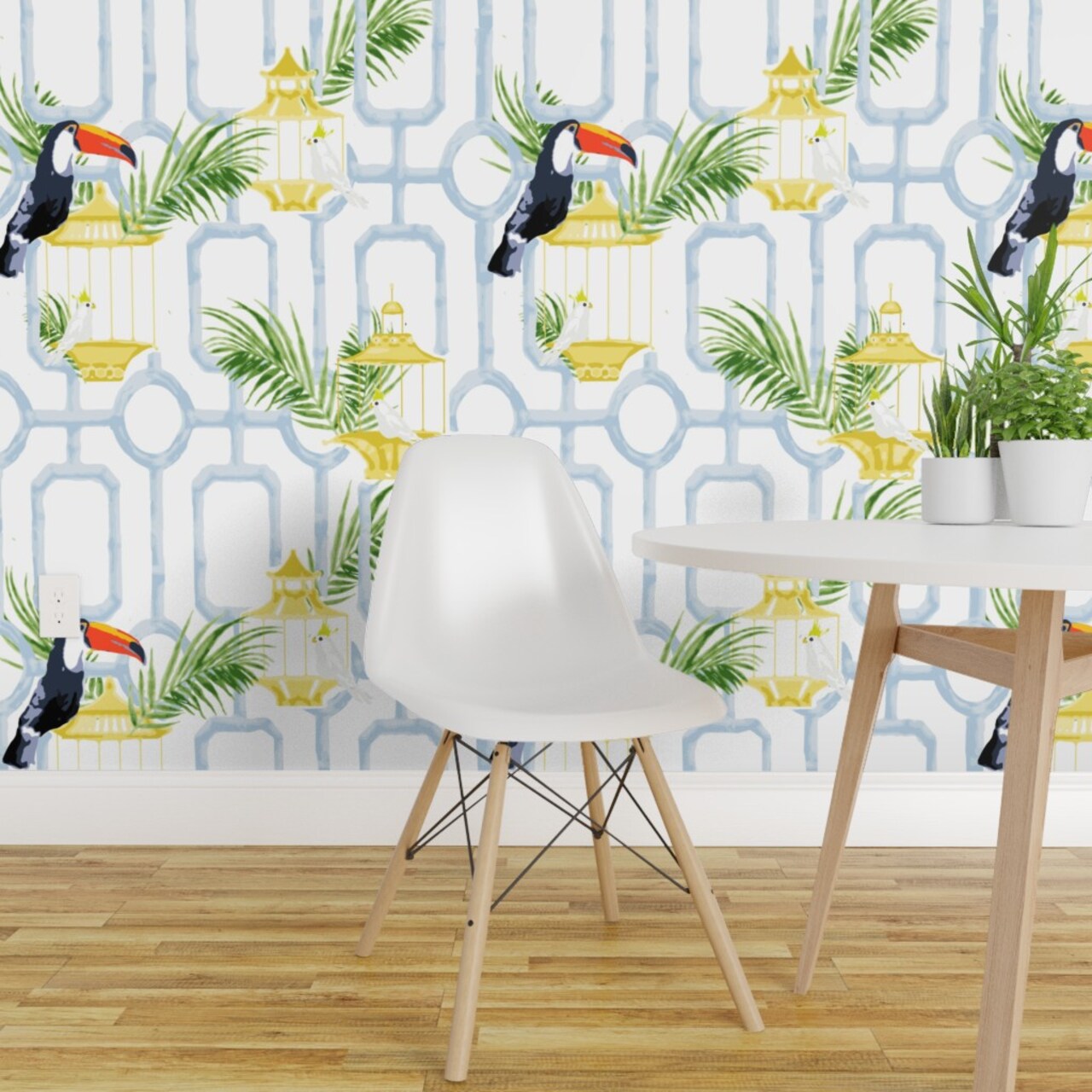 Peel & Stick Wallpaper 2FT Wide Tropical Whimsical Toucan Birds Exotic Cockatoo Bamboo Trellis Maximalism Jungle Custom Removable Wallpaper by Spoonflower